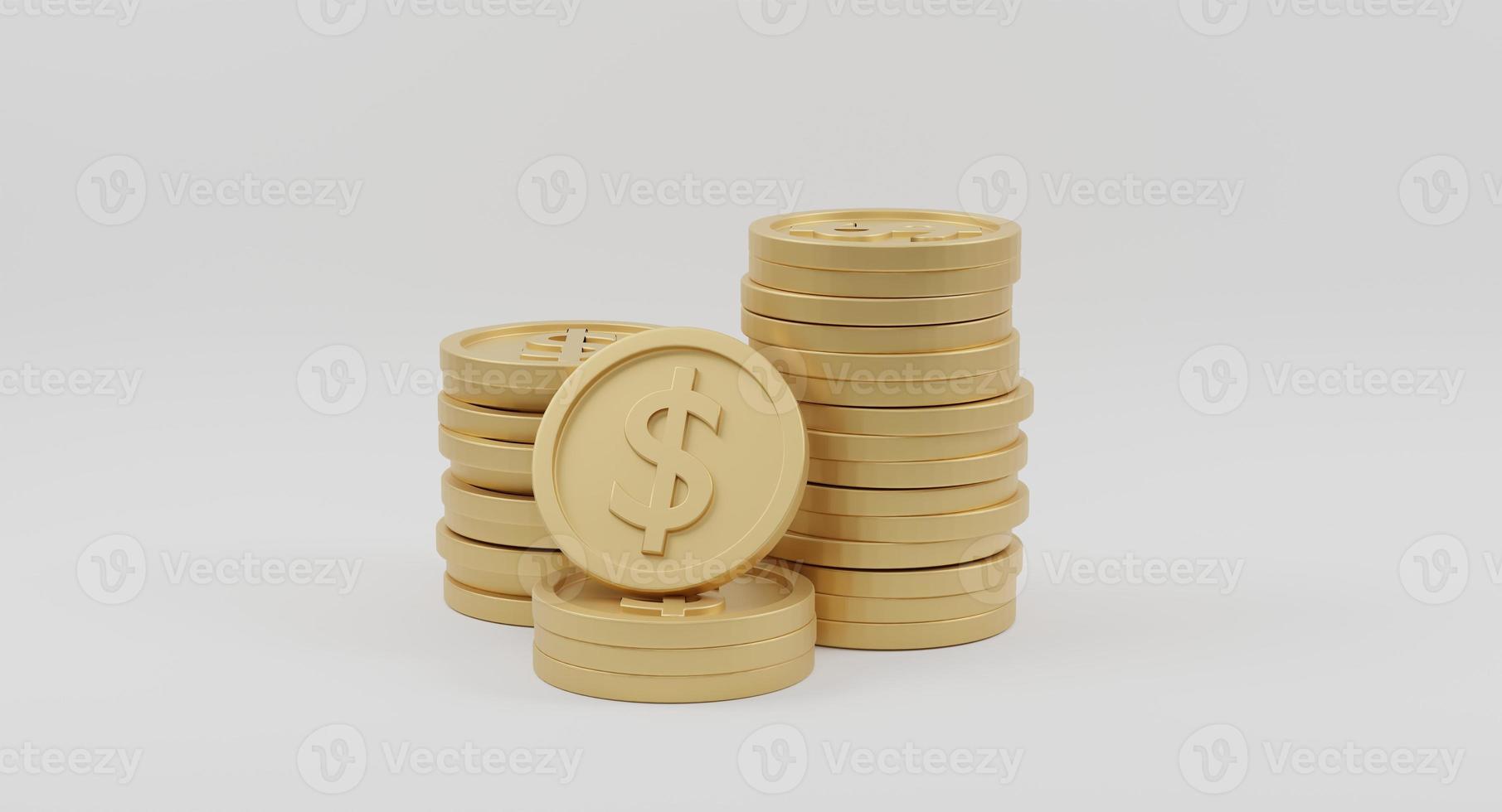 pilha de moedas de ouro com cifrão em fundo branco. conceito bancário e financeiro. renderização em 3D foto