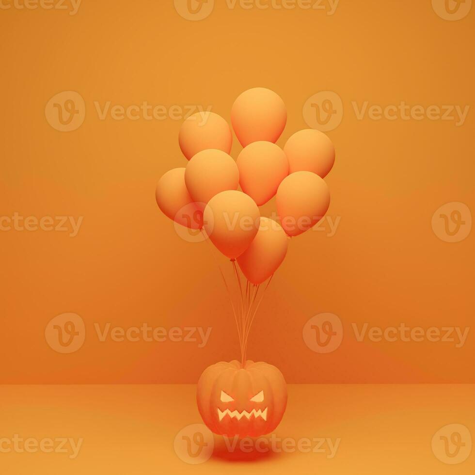 conceito de dia das bruxas. abóbora com balão em fundo laranja. renderização 3D, ilustração 3D. foto