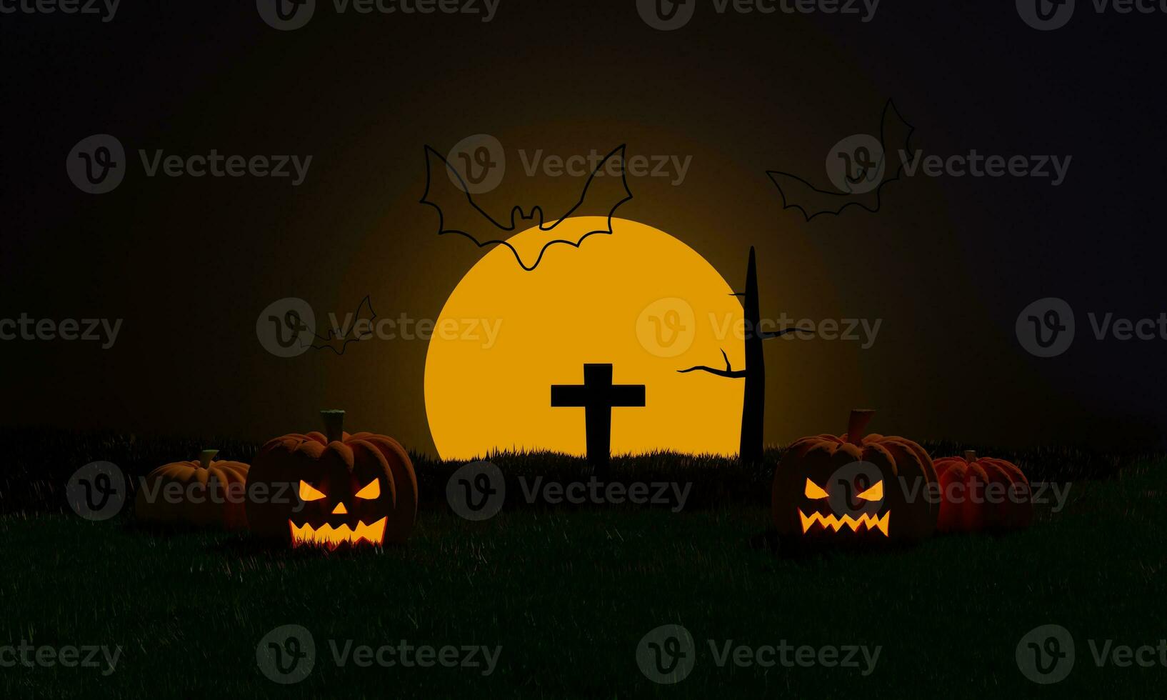 fundo de noite de halloween com abóboras, cemitério e morcego voador ao luar na noite assustadora. festa de doces ou travessuras. renderização em 3D foto