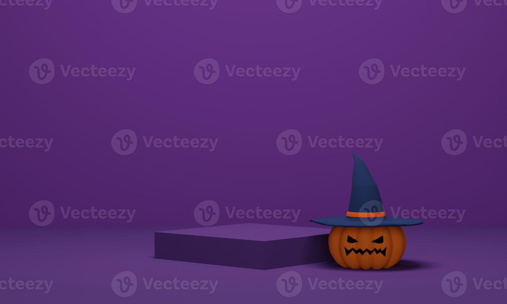 renderização 3D. abóbora de halloween com um chapéu de bruxa com pódio em fundo roxo. cena mínima abstrata para fundo de halloween foto