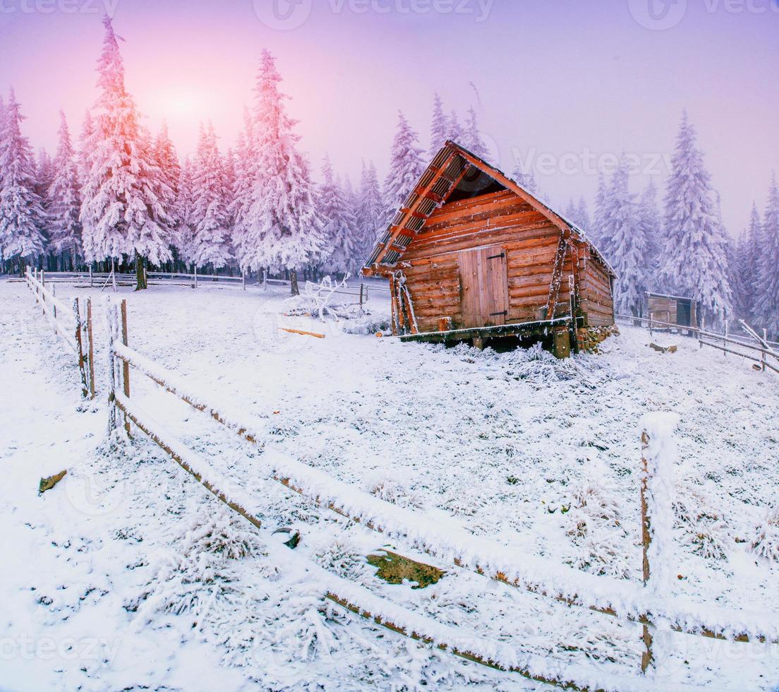 cabana nas montanhas no inverno foto
