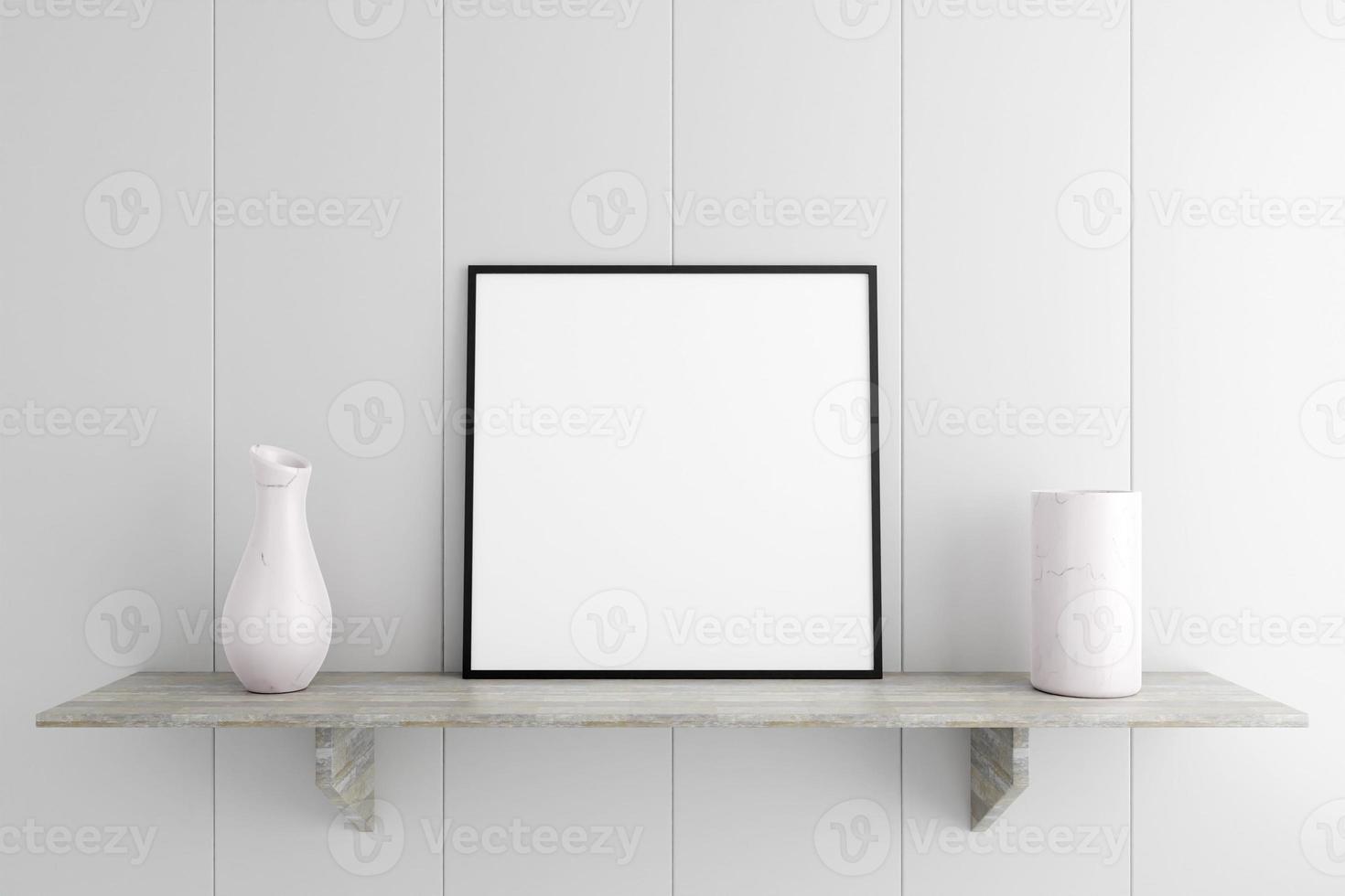 cartaz preto quadrado minimalista e limpo ou maquete de moldura na mesa de mármore na sala de estar. renderização 3D. foto