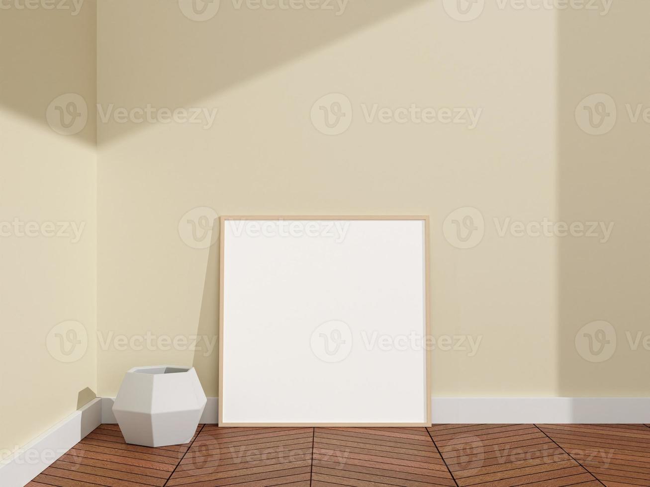 cartaz de madeira quadrado minimalista e limpo ou maquete de moldura em um piso de madeira da sala. renderização 3D. foto