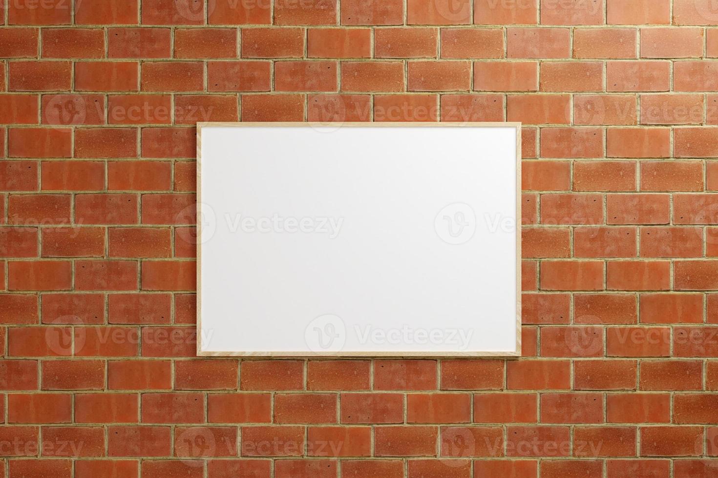 cartaz de madeira horizontal de suspensão minimalista ou maquete de moldura na parede de tijolos. renderização 3D. foto