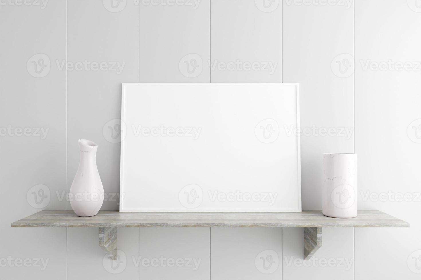 cartaz branco horizontal minimalista e limpo ou maquete de moldura na mesa de mármore no quarto. renderização 3D. foto