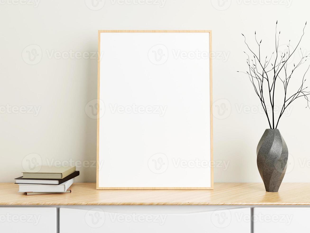 cartaz de madeira vertical minimalista ou maquete de moldura na mesa de madeira com livros e vaso em uma sala. renderização 3D. foto