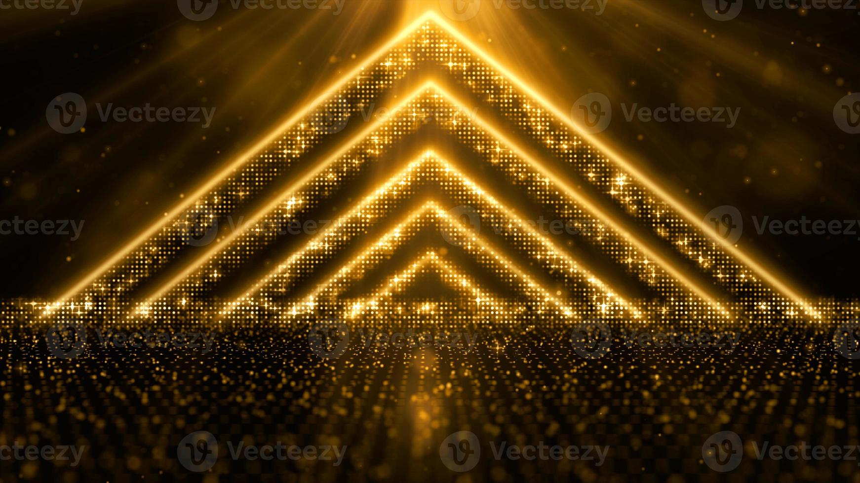 partículas de cor dourada digital fluem com poeira e bokeh, piso de palco digital e iluminação para exibir o plano de fundo do seu produto foto
