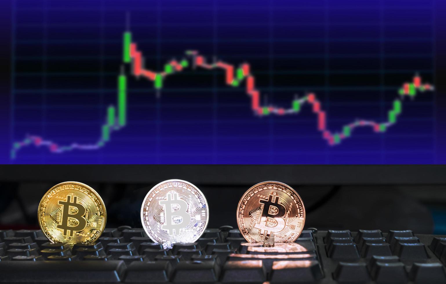 3 moedas digitais bitcoin coloridas diferentes no teclado do computador com fundo desfocado de investir no mercado de ações do gráfico negociando no monitor, futuro conceito de moeda financeira foto