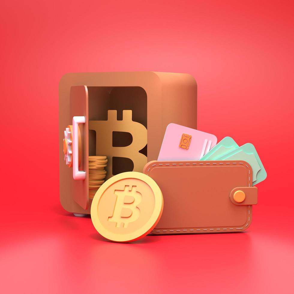 seguro com moedas de ouro e bitcoin. conceito de economia de finanças. ilustração de renderização 3D foto