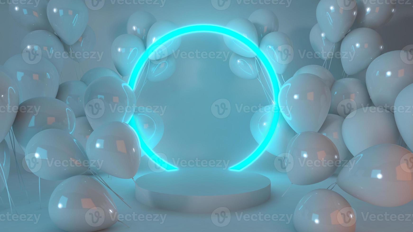 renderização 3D para fundo de brilho de luz círculo azul muitos balões no pódio branco com produto premium foto
