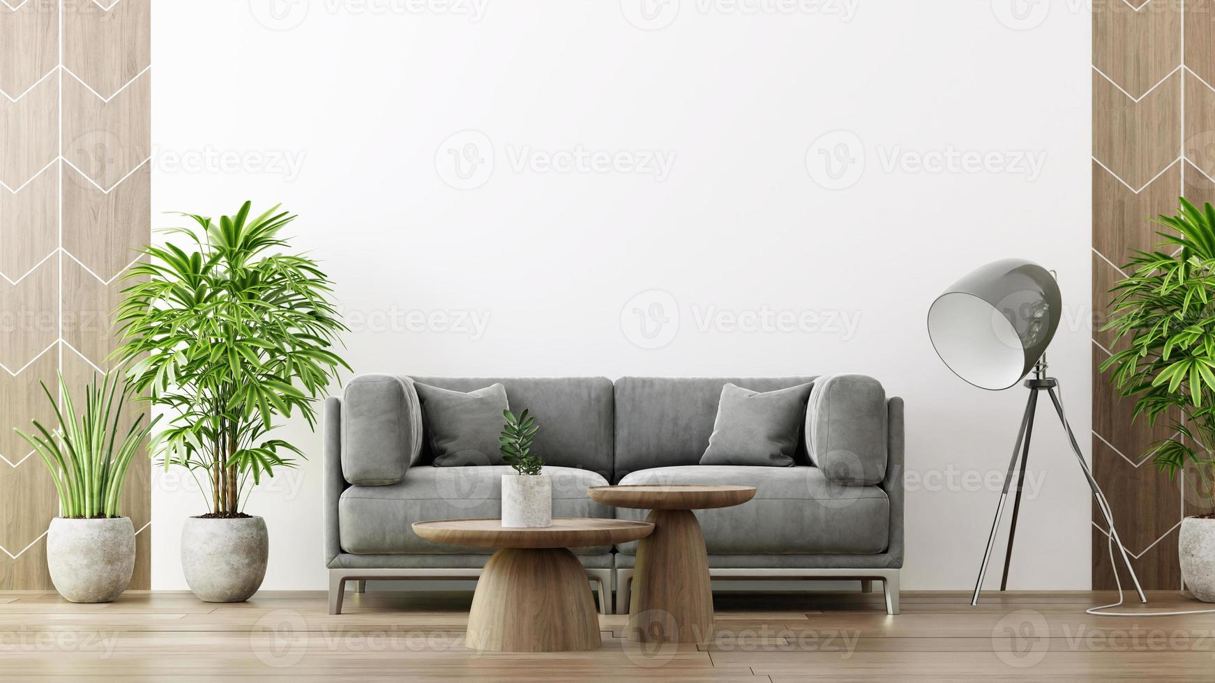 sala interior branca com sofá e planta 3d render foto