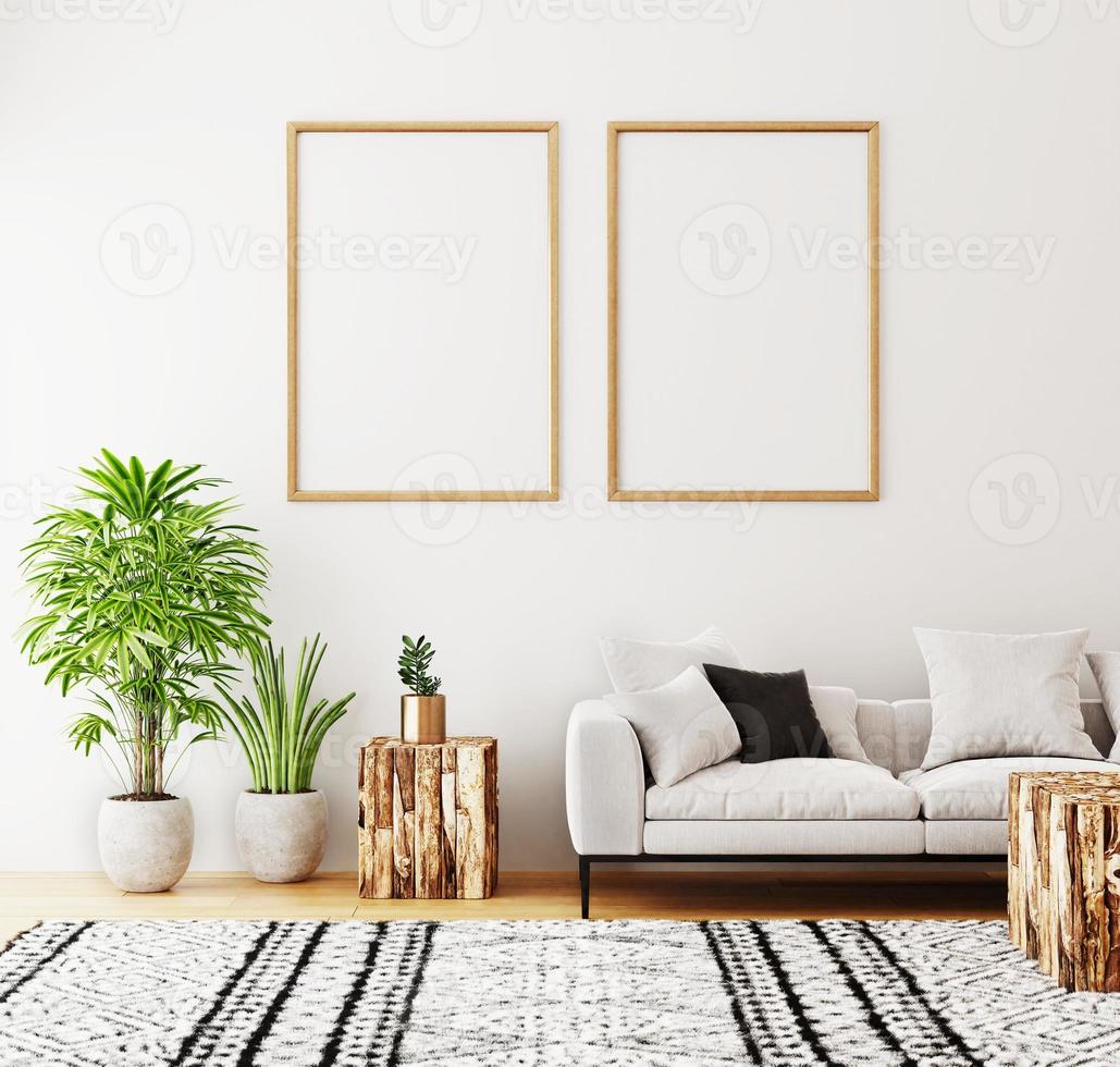 simular moldura de pôster em fundo interior moderno, sala de estar, estilo escandinavo, renderização 3d, ilustração 3d foto