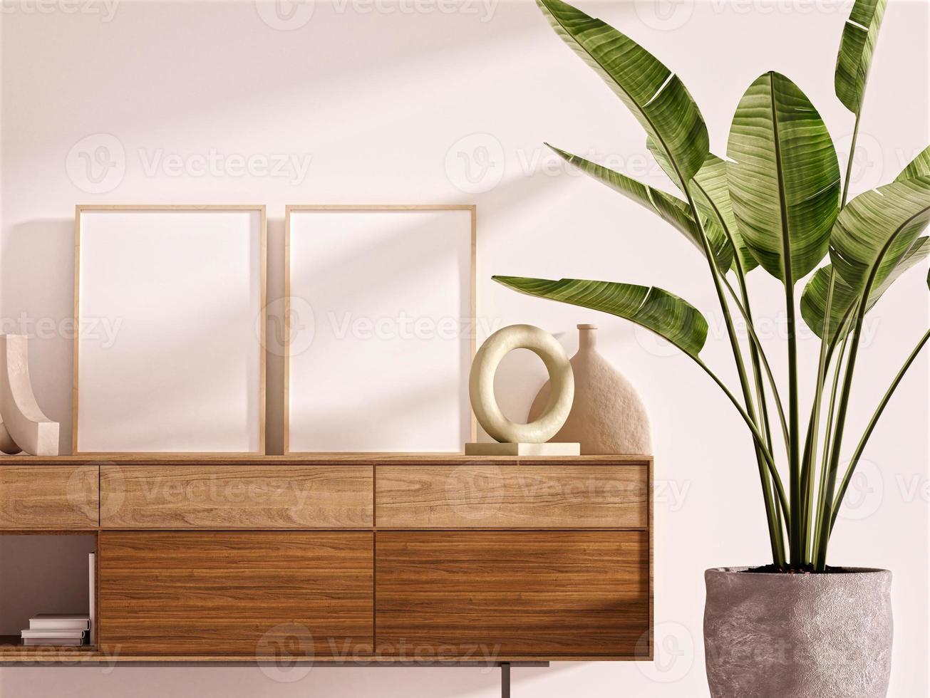 maquete de quadro e pôster no interior do estilo boho. renderização 3D, ilustração 3D foto