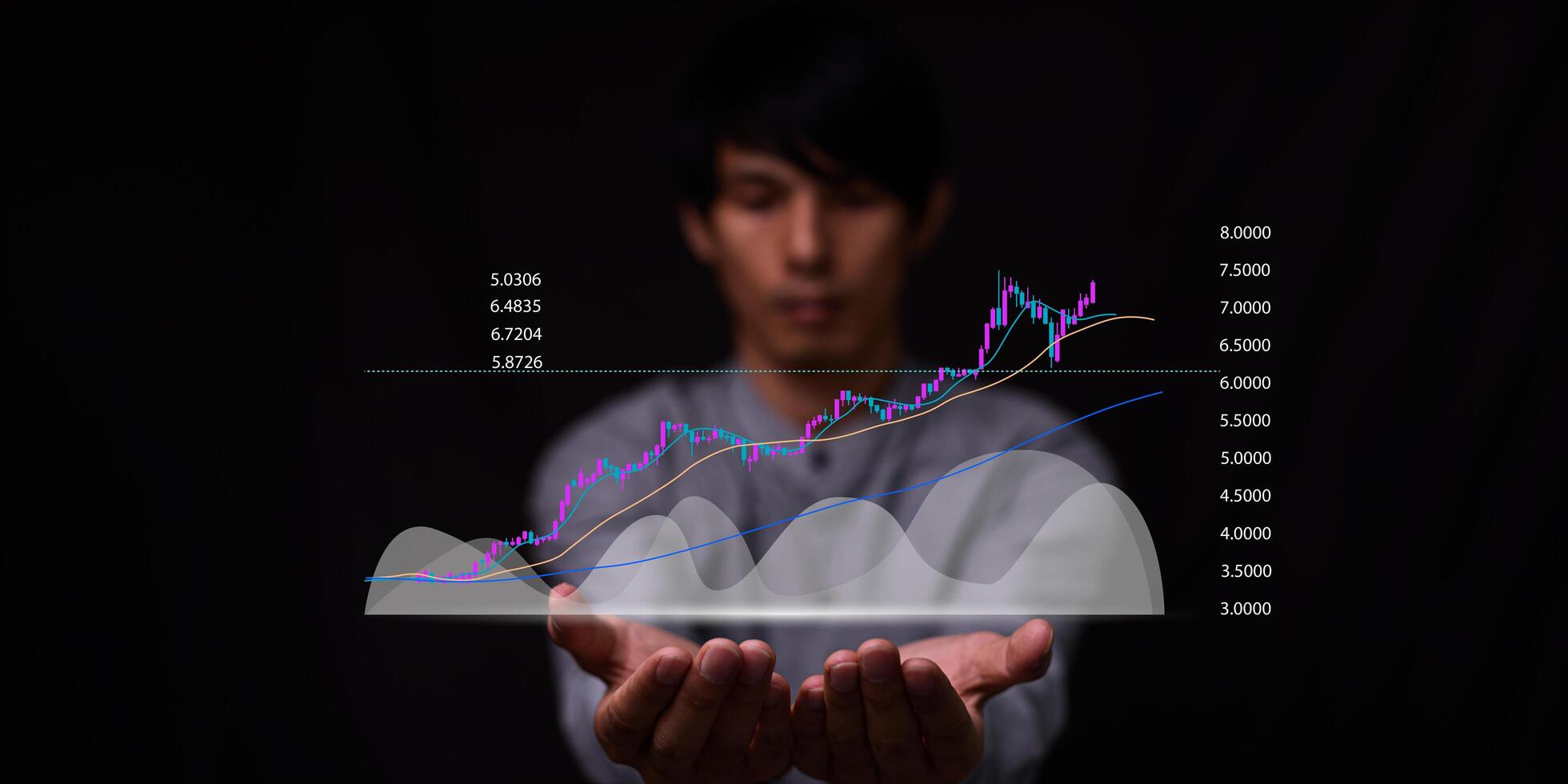 gráfico de negociação de ações, investir, gráfico financeiro criptográfico com gráfico de velas de linha de tendência de alta no metaverso digital de negócios do mercado de ações, foto