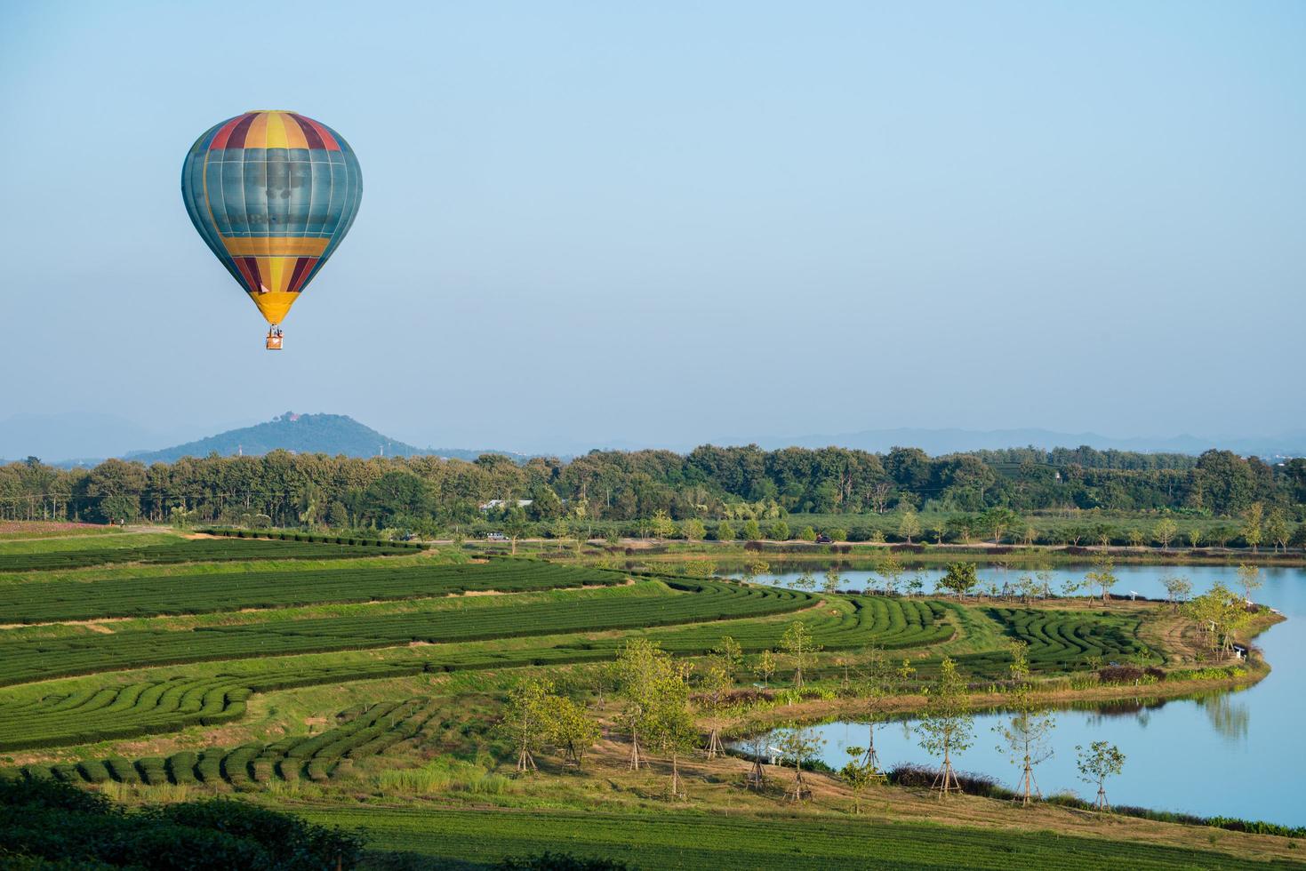 balão de ar quente voando sobre o campo de plantação de chá verde na zona rural da província de chiang rai, tailândia. foto