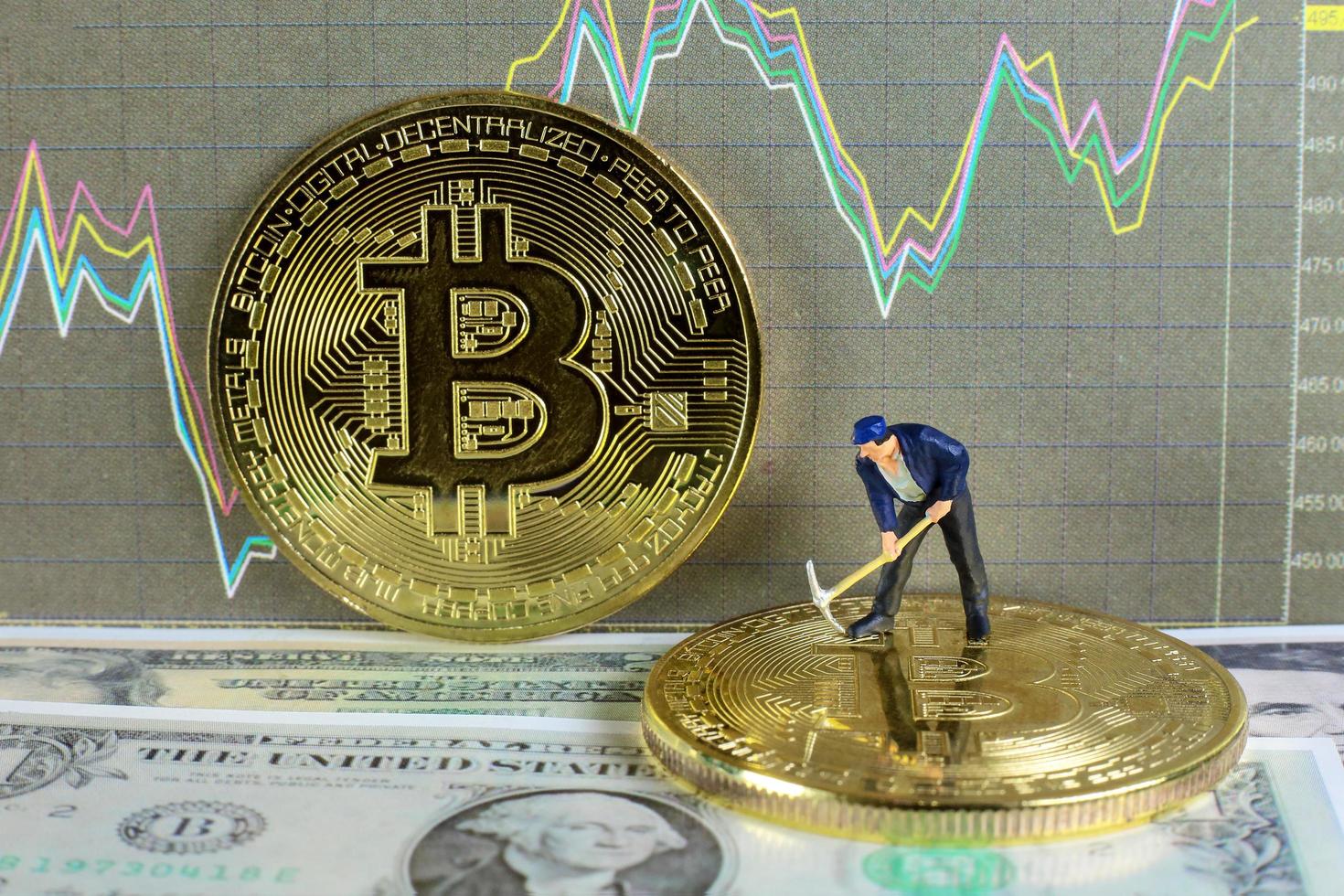 um pequeno mineiro está cavando em bitcoin dourado com fundo de dólar e gráfico. imagem conceitual de mineração e negociação de bitcoin. foto