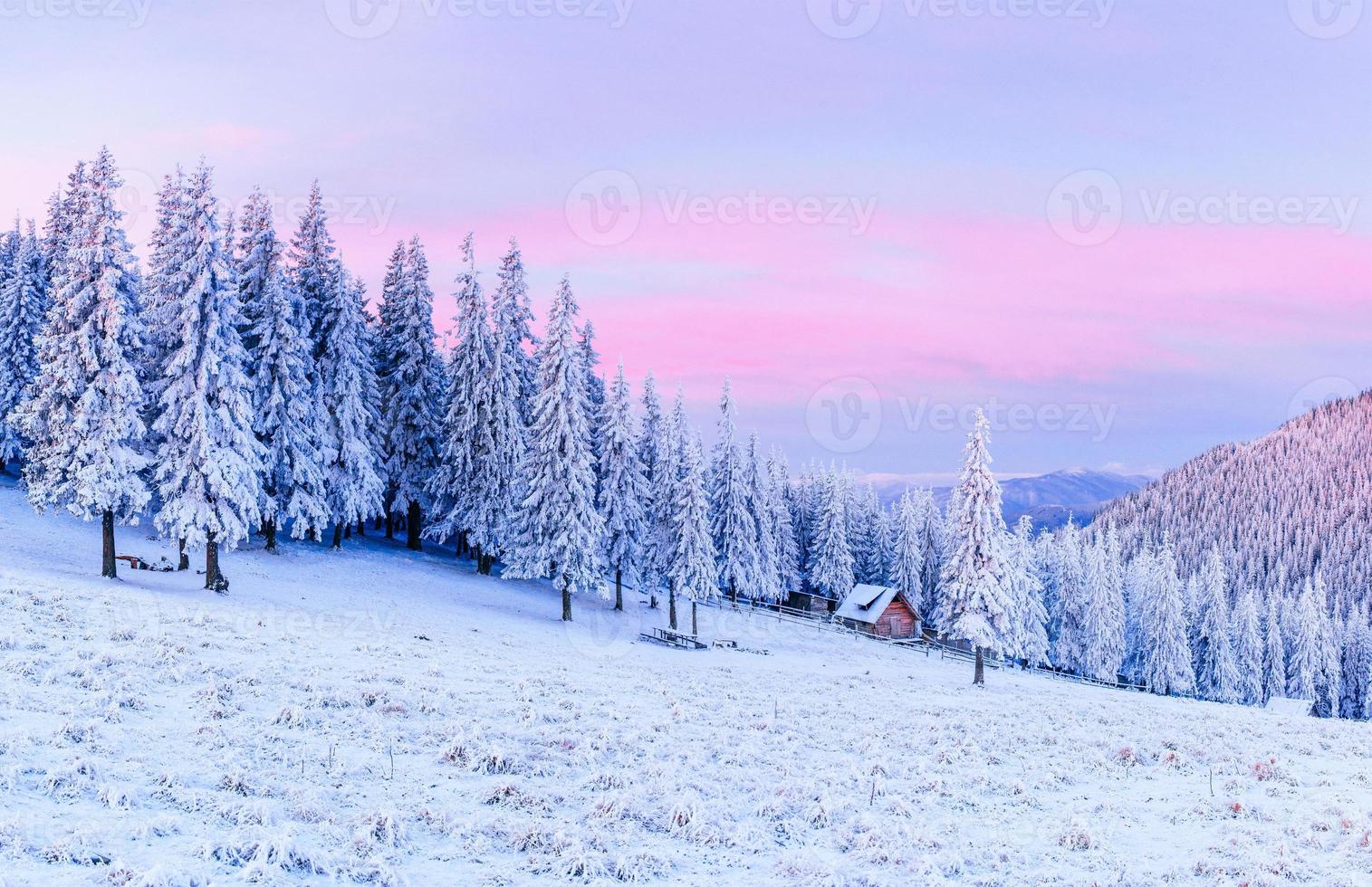 cabana nas montanhas no inverno foto