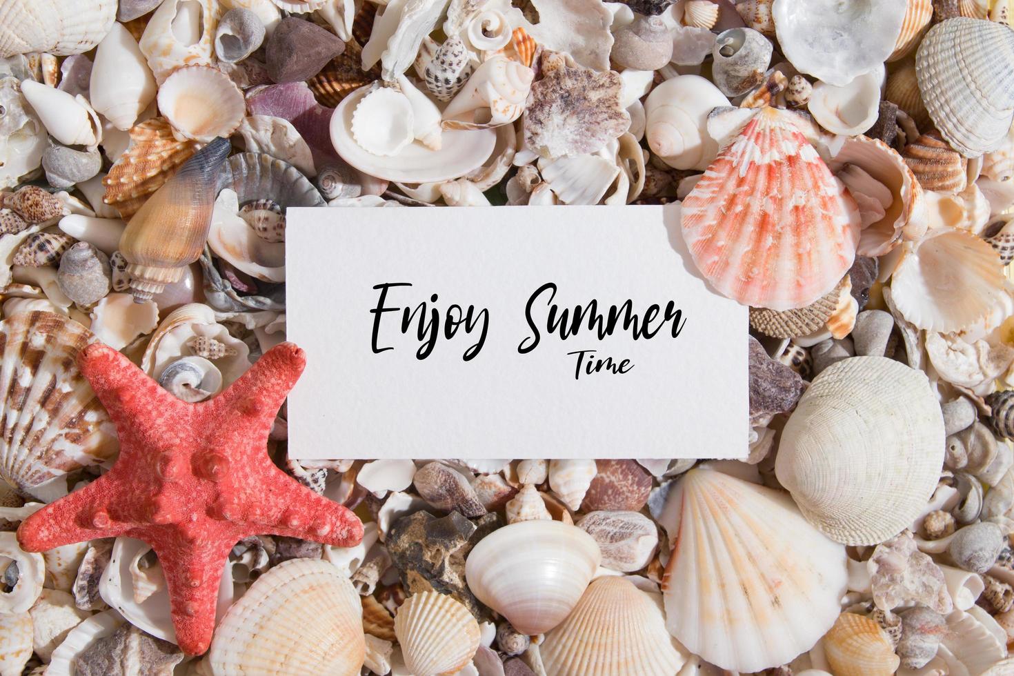 aproveite as letras de horário de verão em um pedaço de papel em conchas e estrelas do mar. texto de motivação de verão postura plana foto