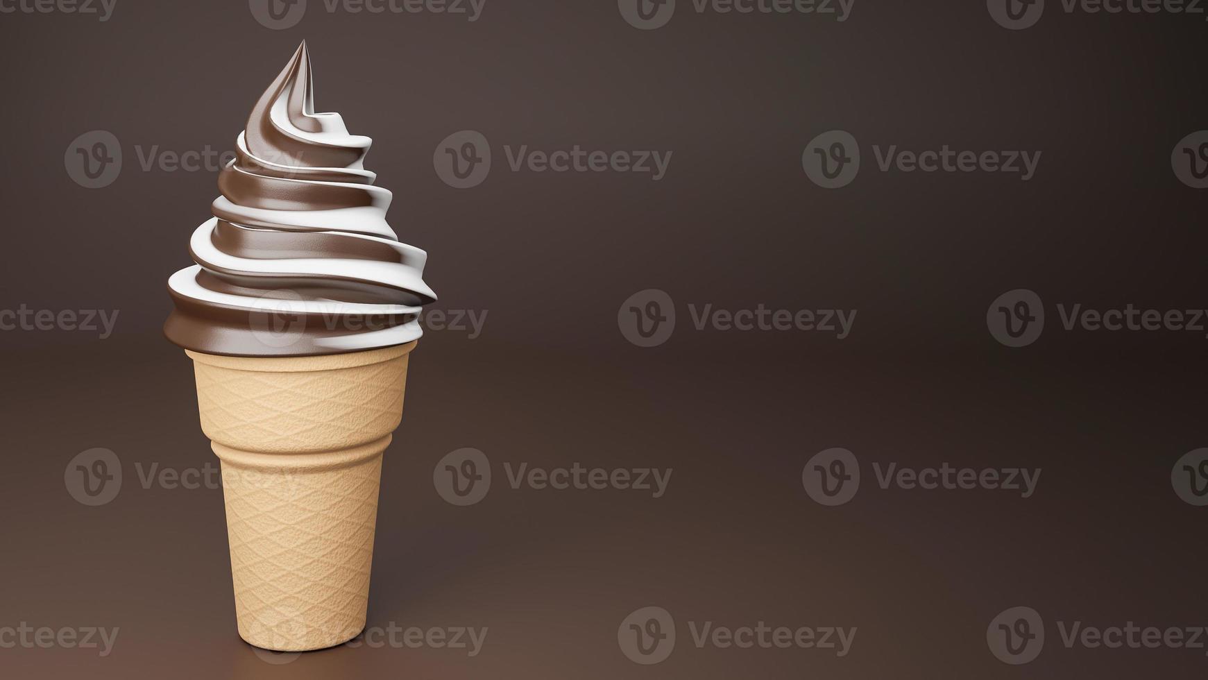 sorvete de sorvete de chocolate e leite em casquinha crocante em fundo marrom., modelo 3d e ilustração. foto