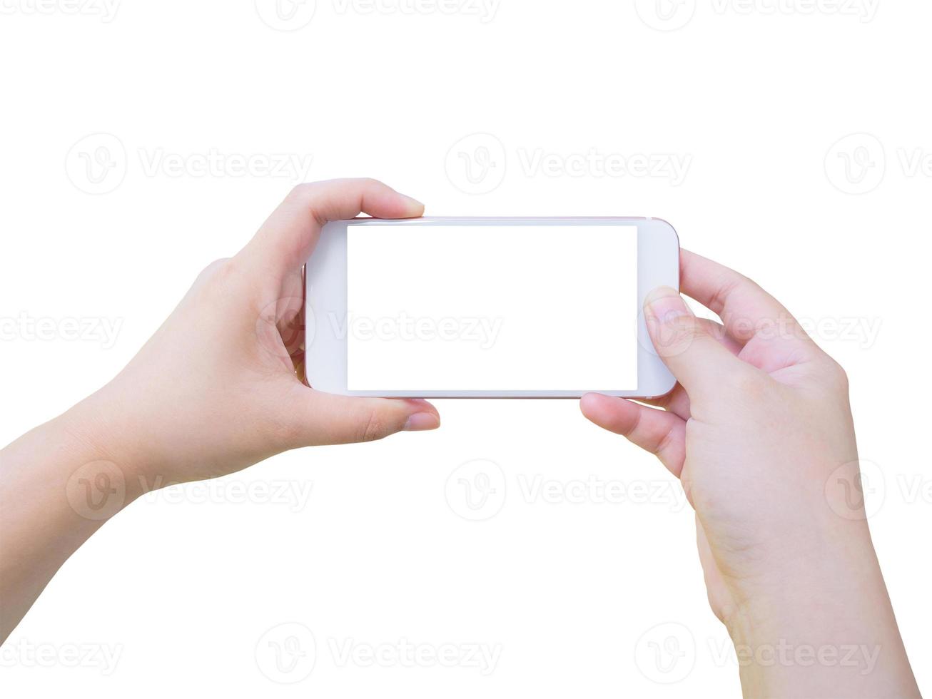 mão segurando o telefone inteligente tirando foto isolada no fundo branco