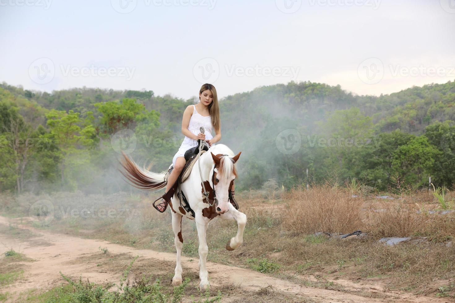 jovem e bonita com seu cavalo na luz do sol à noite. fotografia ao ar livre com garota modelo de moda. humor de estilo de vida foto