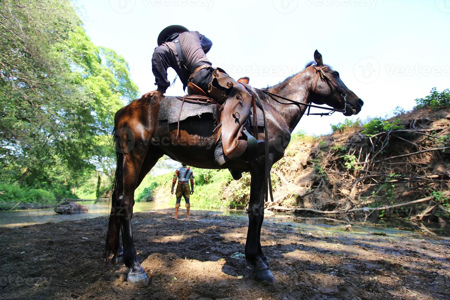 cowboy a cavalo contra um belo pôr do sol, cowboy e cavalo na primeira luz, montanha, rio e estilo de vida com fundo de luz natural foto