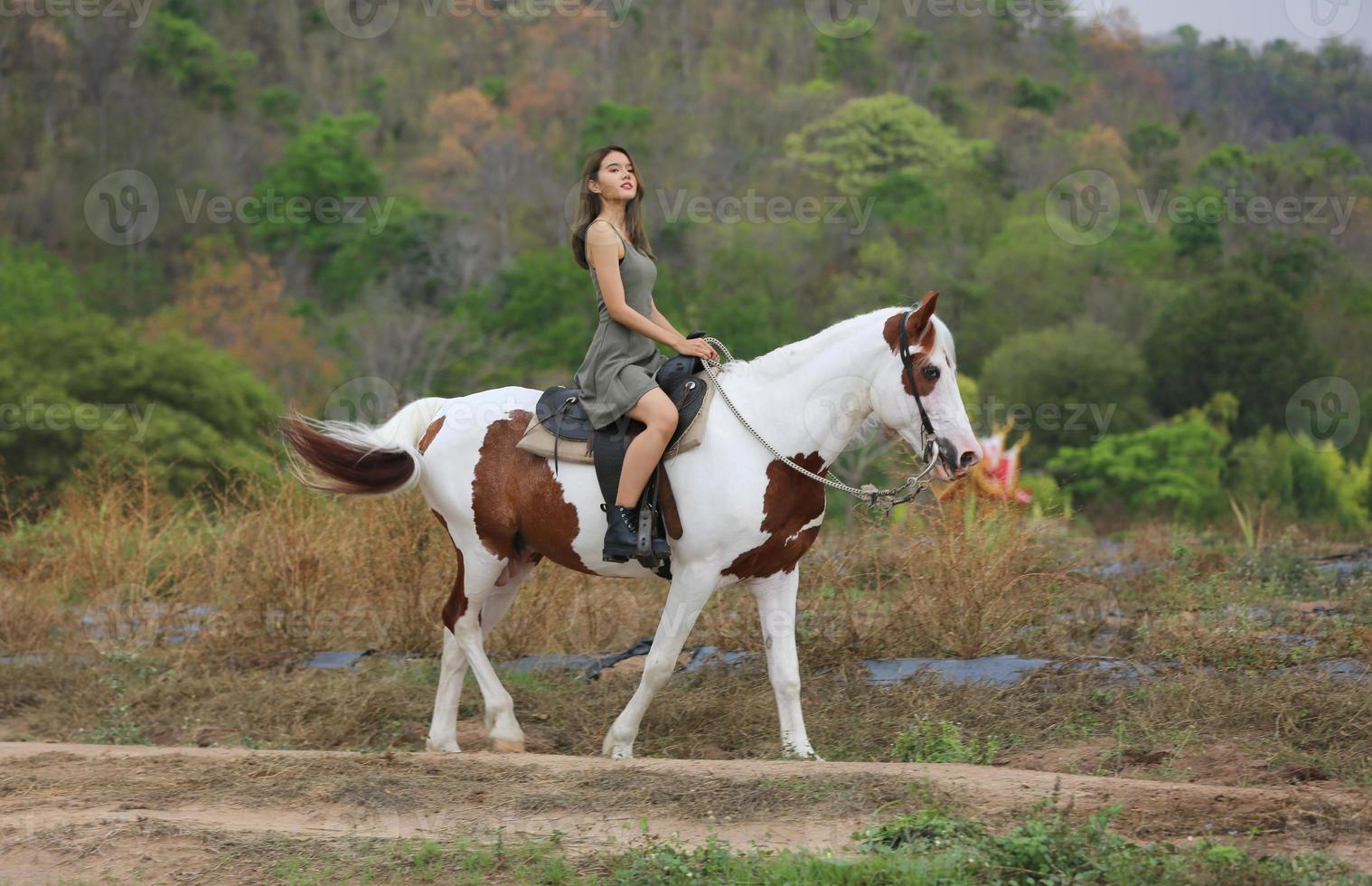 jovem e bonita com seu cavalo na luz do sol à noite. fotografia ao ar livre com garota modelo de moda. humor de estilo de vida foto