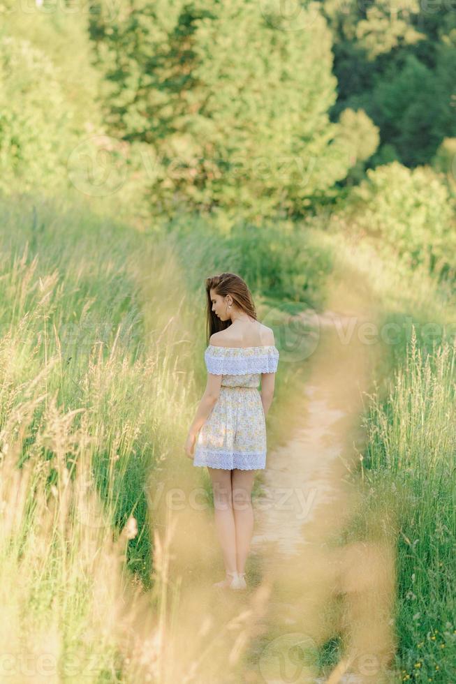 retrato de uma jovem linda em um vestido de verão. sessão de fotos de verão no parque ao pôr do sol. uma garota se senta debaixo de uma árvore na sombra.