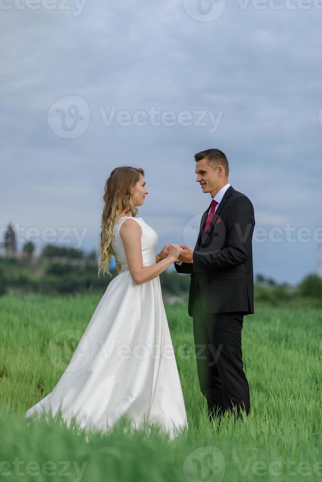 noivos em um campo de trigo. o casal se abraça durante o pôr do sol foto