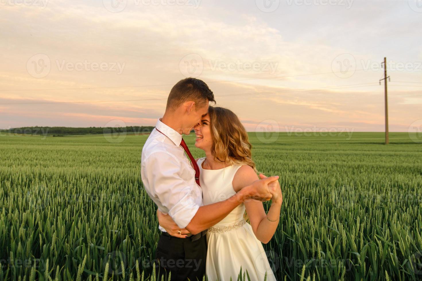 noivos em um campo de trigo. o casal se abraça durante o pôr do sol foto