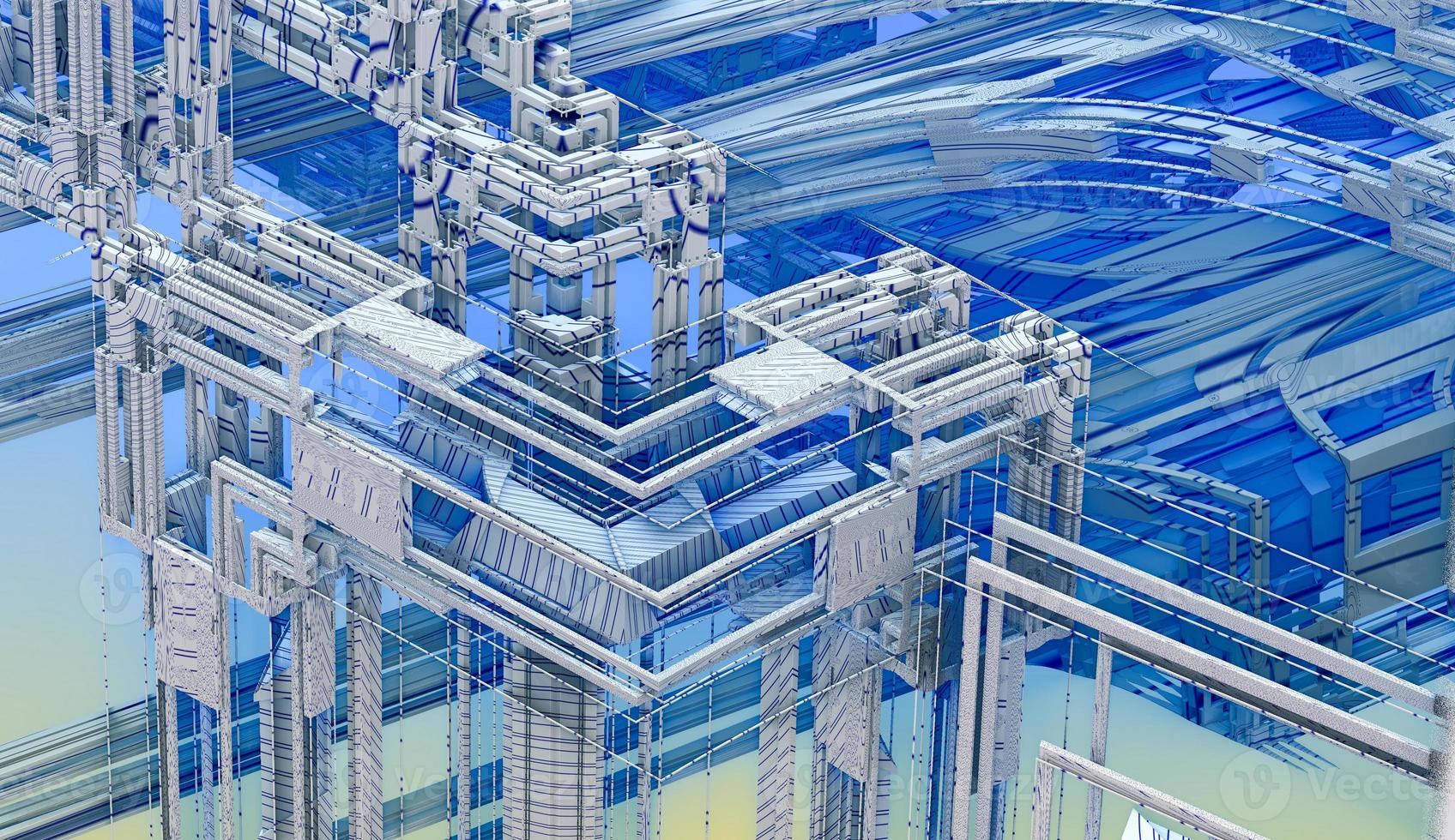 ilustração 3D de um belo conjunto de mandelbrot matemático infinito fractal futurista nave espacial de estrutura de metal azul foto