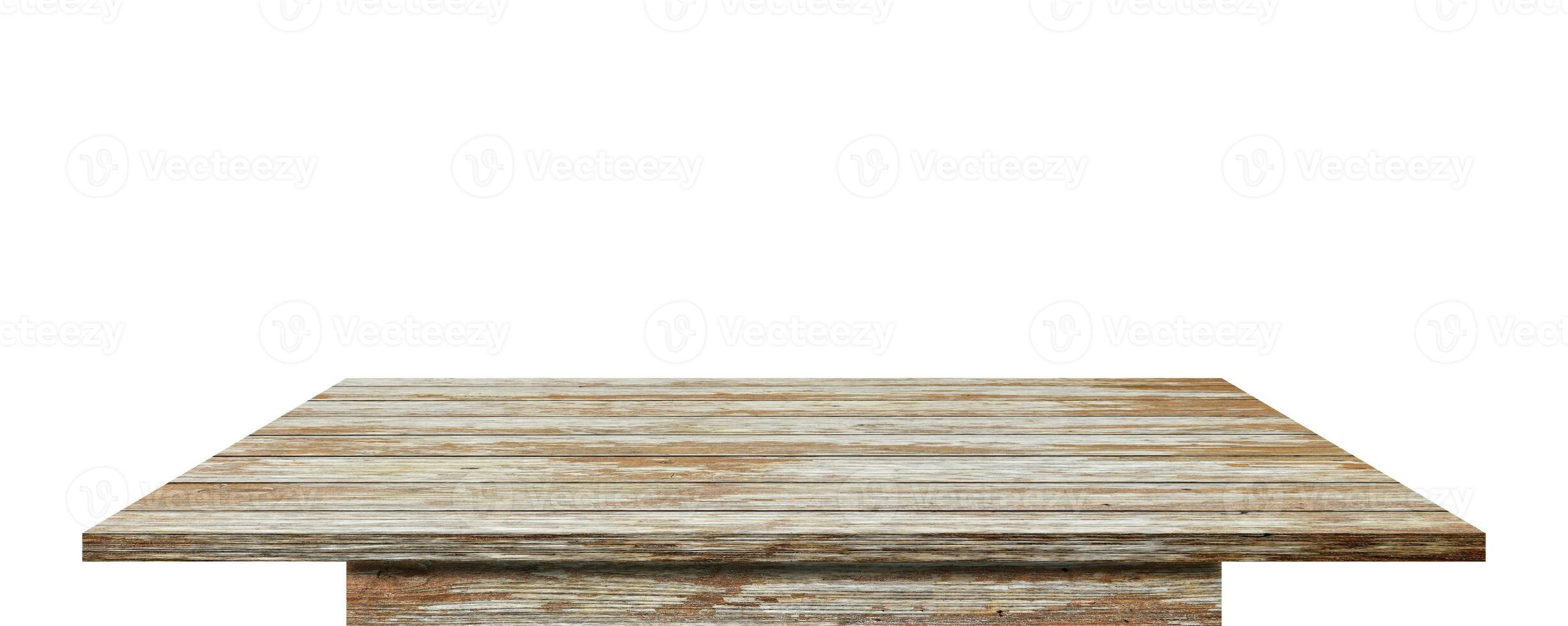 tampo da mesa de madeira vazio isolado no fundo branco. com trajeto de grampeamento. foto