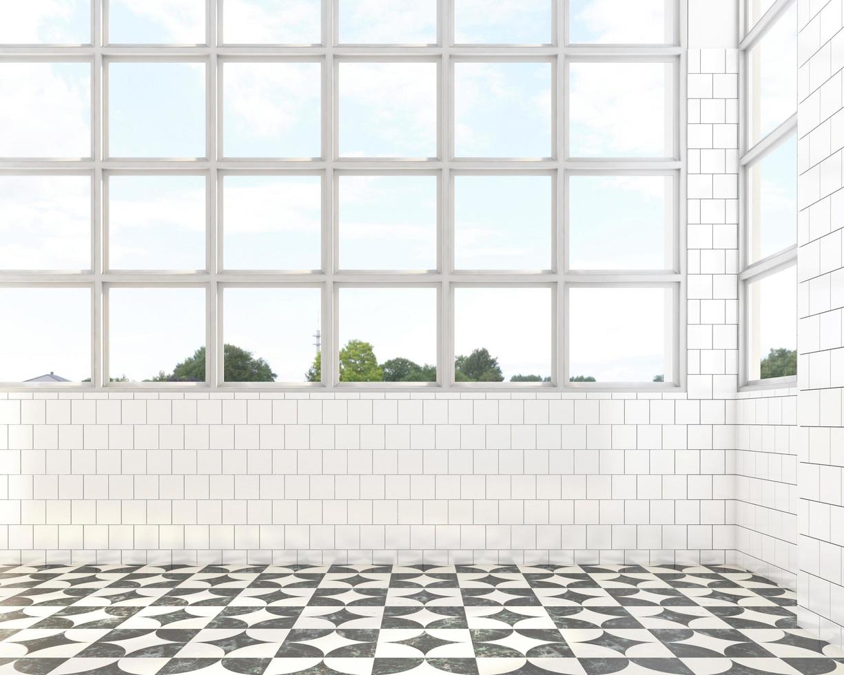 quarto vazio com painel de janela branca e piso padrão de mármore. renderização em 3D foto