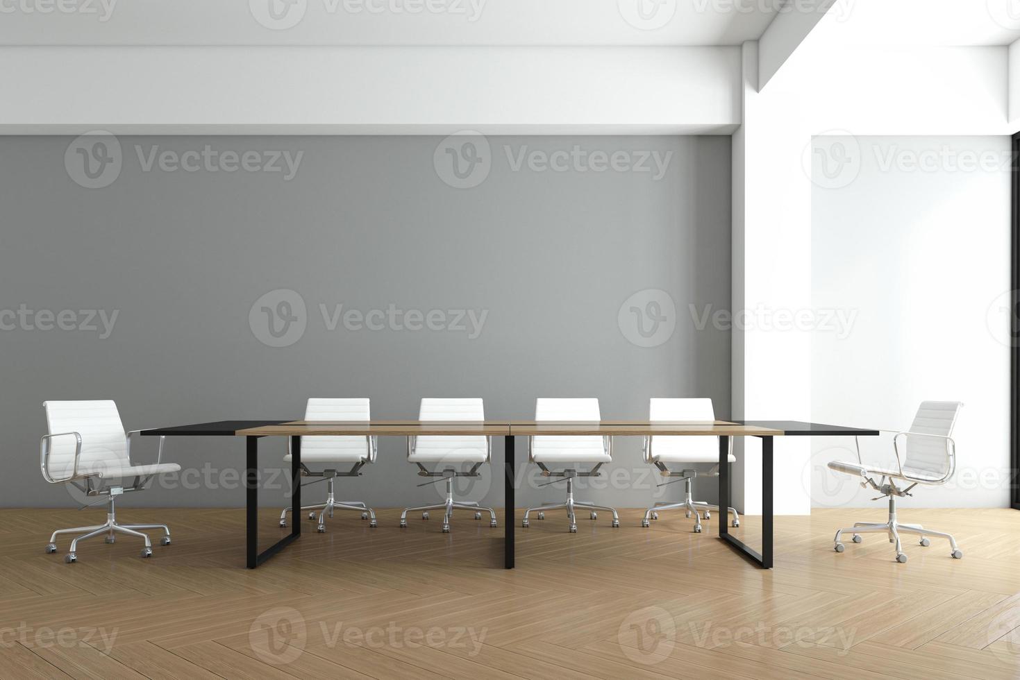 sala de reuniões minimalista com parede cinza e piso de madeira. renderização em 3D foto