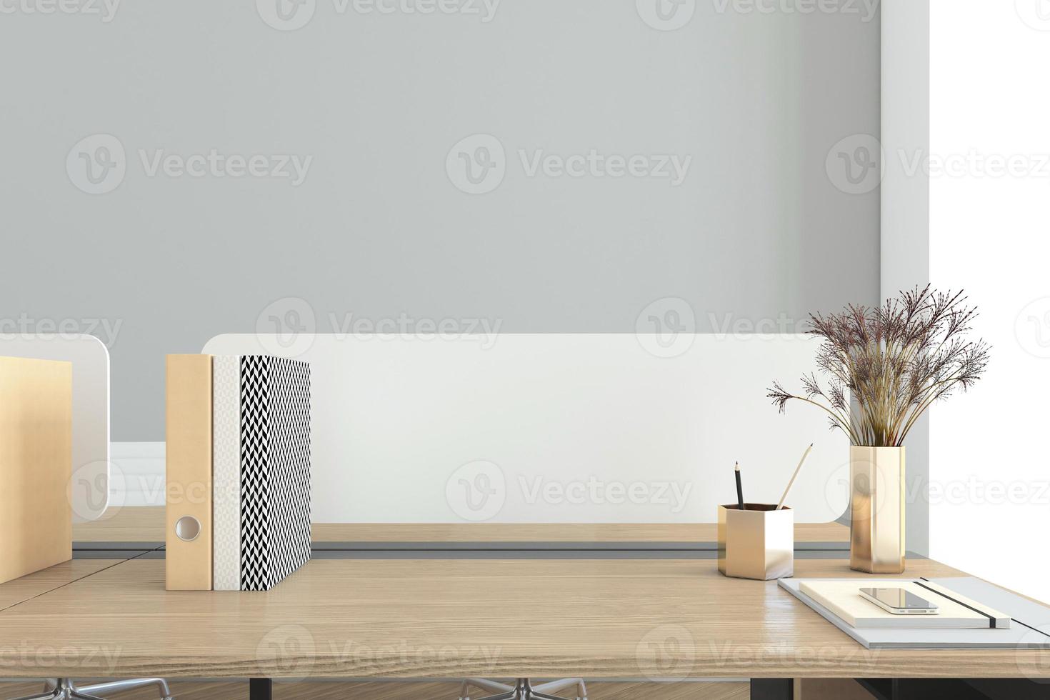 espaço de trabalho com mesa minimalista e tampo de madeira, parede cinza, renderização em 3d. foto