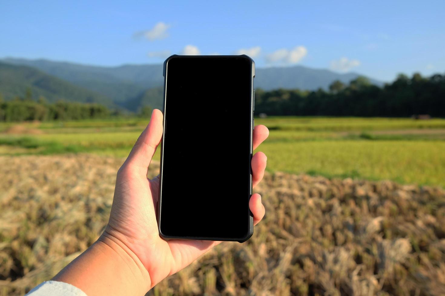 foco selecionado de mão segurando o smartphone com fundo natural. agrônomo usando smartphone na fazenda agrícola. novo conceito de estilo de vida moderno. foto