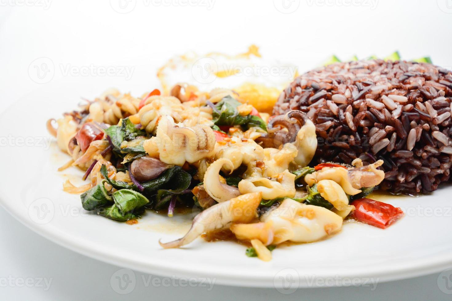 lula frita apimentada com folhas de manjericão e pimenta, ovo frito, servido com arroz integral. é a famosa comida tailandesa. você pode mudar o material projetado e tentar cozinhar para sua família. foto