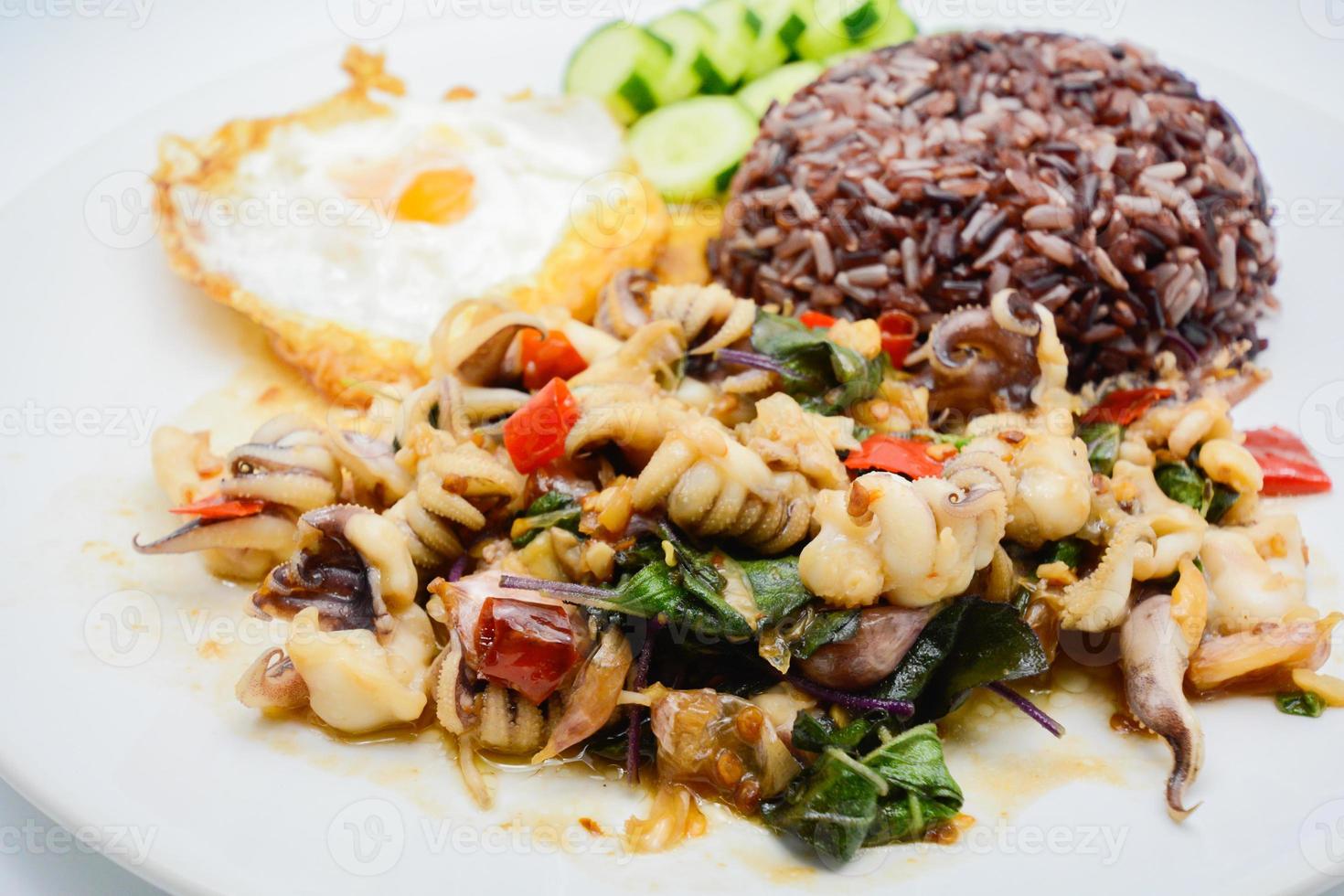 lula frita apimentada com folhas de manjericão e pimenta, ovo frito, servido com arroz integral. é famosa comida tailandesa. você pode mudar o material projetado e tentar cozinhar para sua família. foto