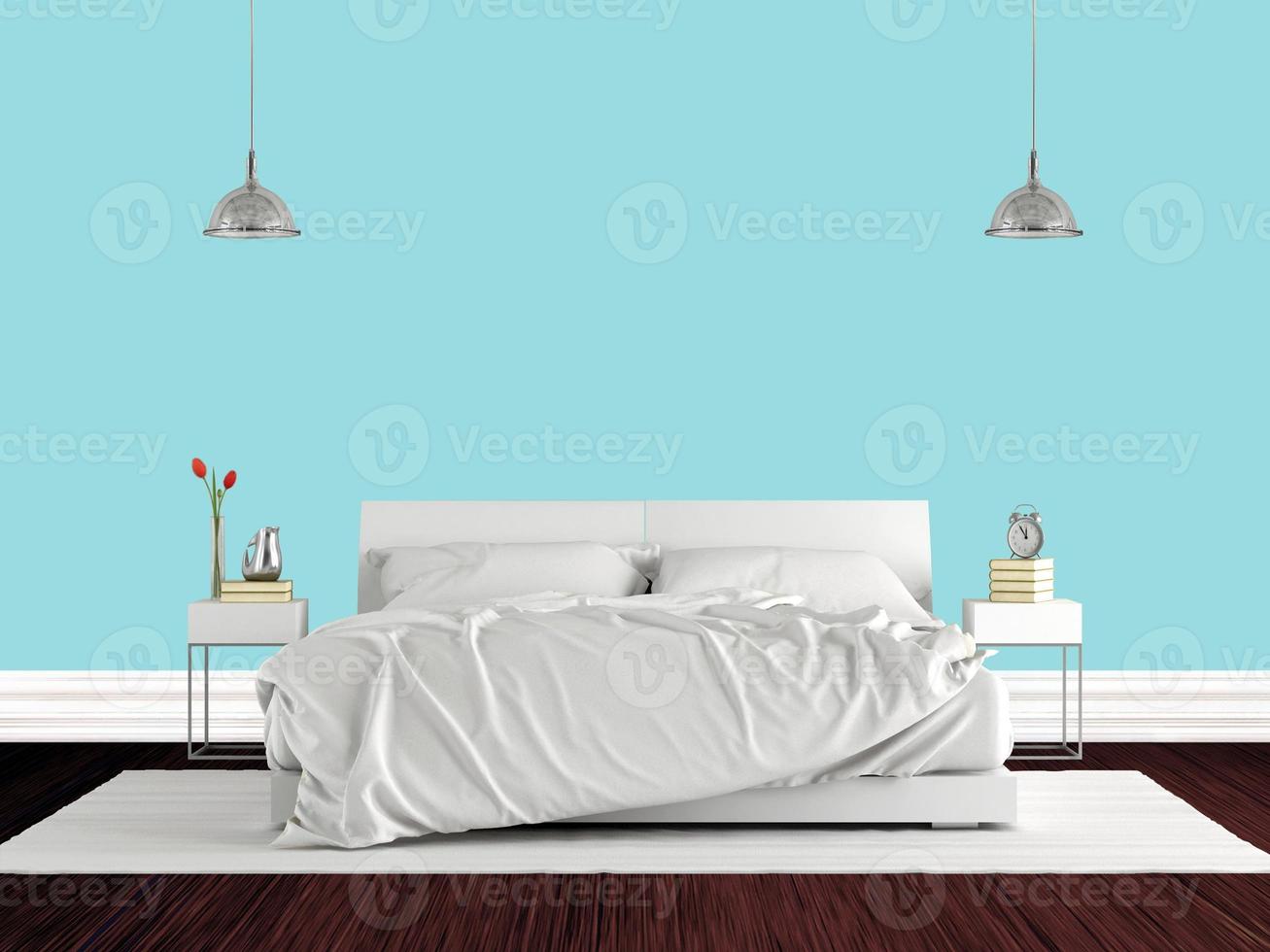 quarto principal minimalista com cama de casal contra parede azul brilhante - renderização em 3d foto