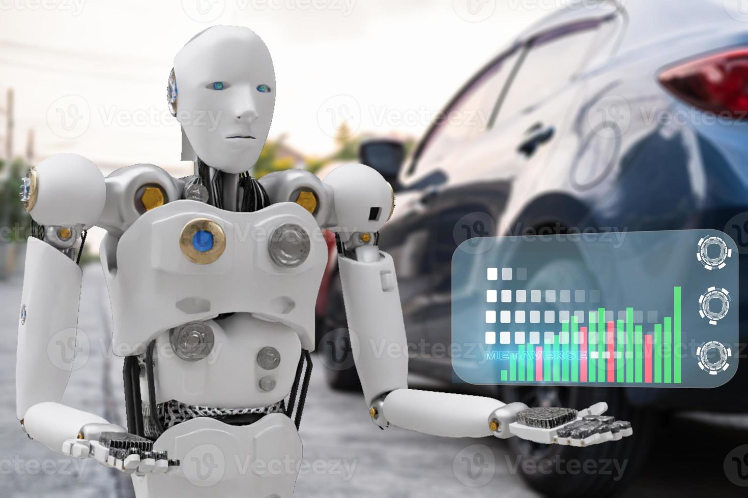 robô cibernético futuro humanóide futurista auto, automóvel, carro automotivo verificar correção no inspetor de inspeção da indústria de garagem manutenção de seguros reparação mecânica robô serviço tecnologia renderização em 3d foto
