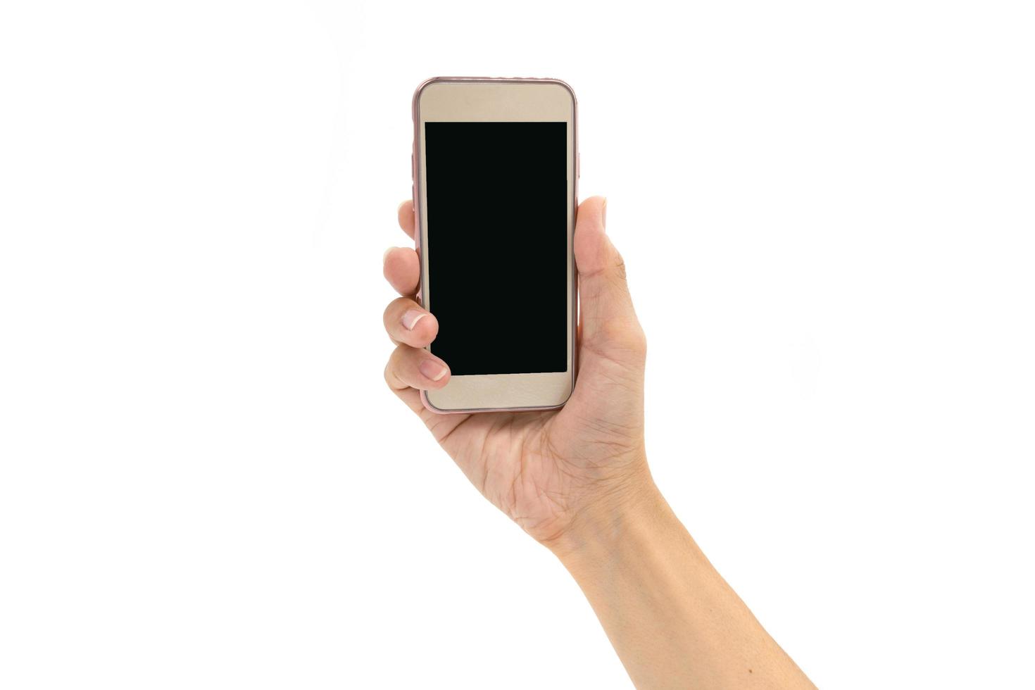 mão de homem segurando smartphone no fundo branco foto