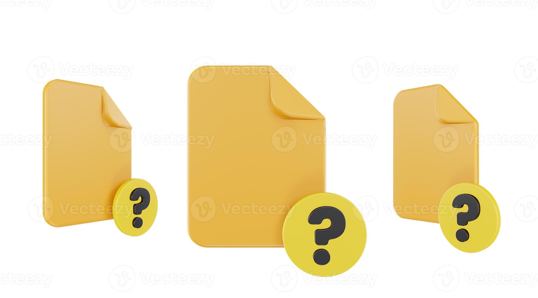 ícone de ponto de interrogação de arquivo de renderização 3D com papel de arquivo laranja e ponto de interrogação amarelo foto