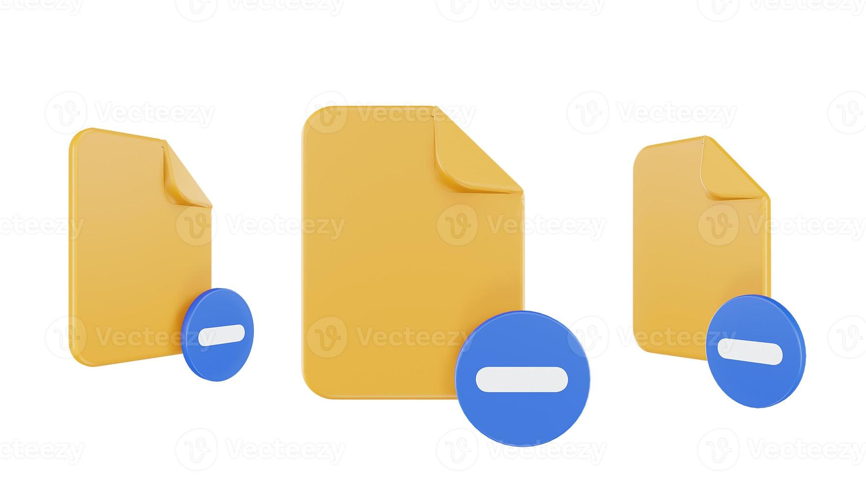 ícone de subtração de arquivo de renderização 3D com papel de arquivo laranja e subtração azul foto