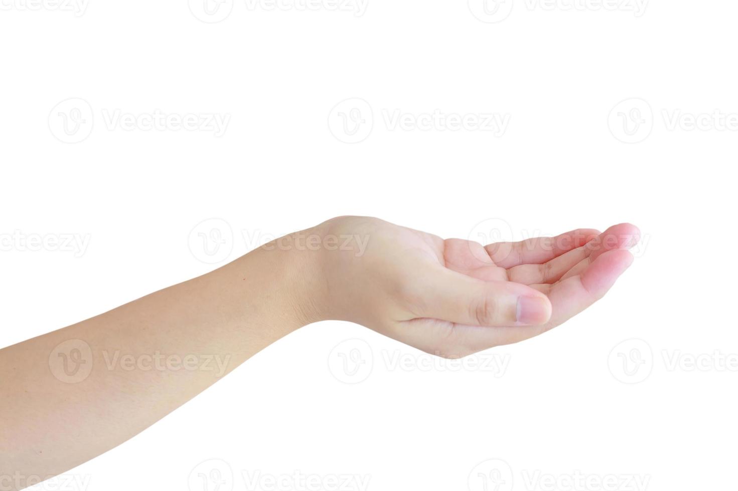abra a mão de uma mulher, palma para cima isolada no fundo branco foto