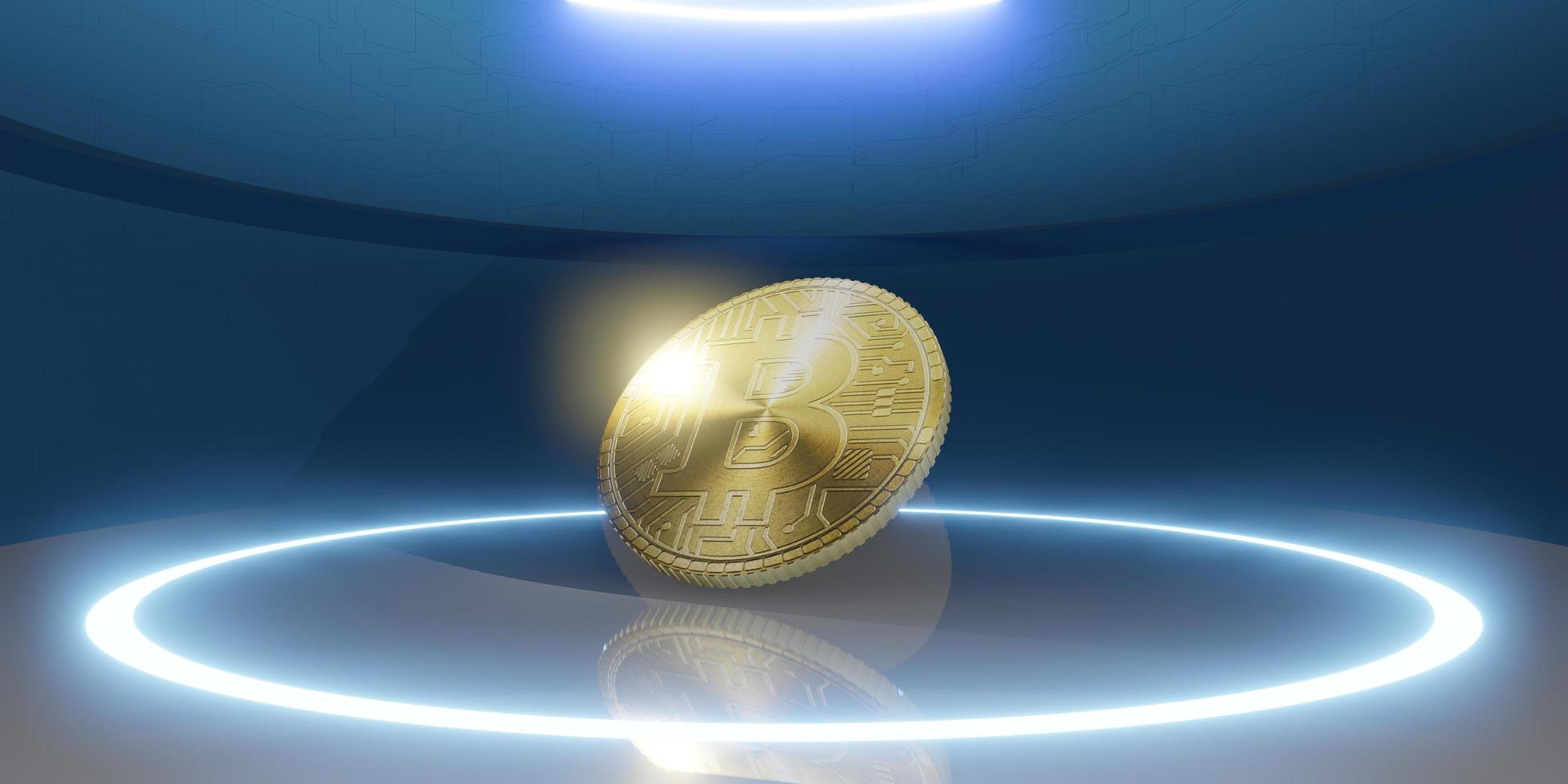 moedas de criptomoeda bitcoin fundo horizonte futurista tecnologia pano de fundo ilustração 3d abstrata moderna foto