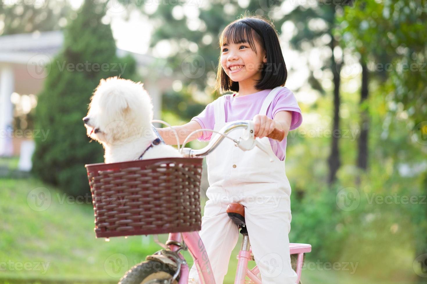 imagem de menina asiática andando de bicicleta com seu cachorro de estimação no parque foto