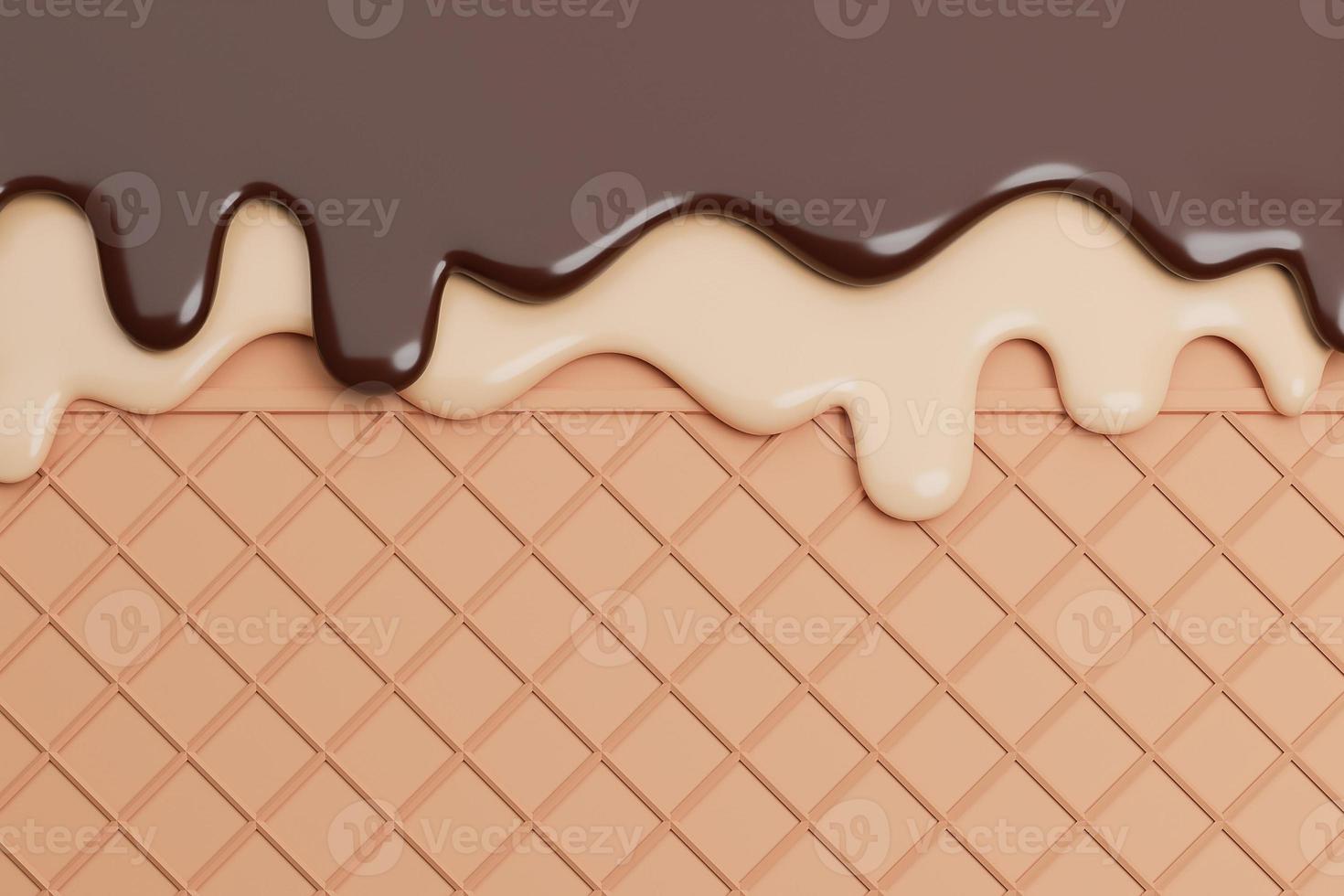 sorvete de chocolate e baunilha derretido no fundo da bolacha., modelo 3d e ilustração. foto