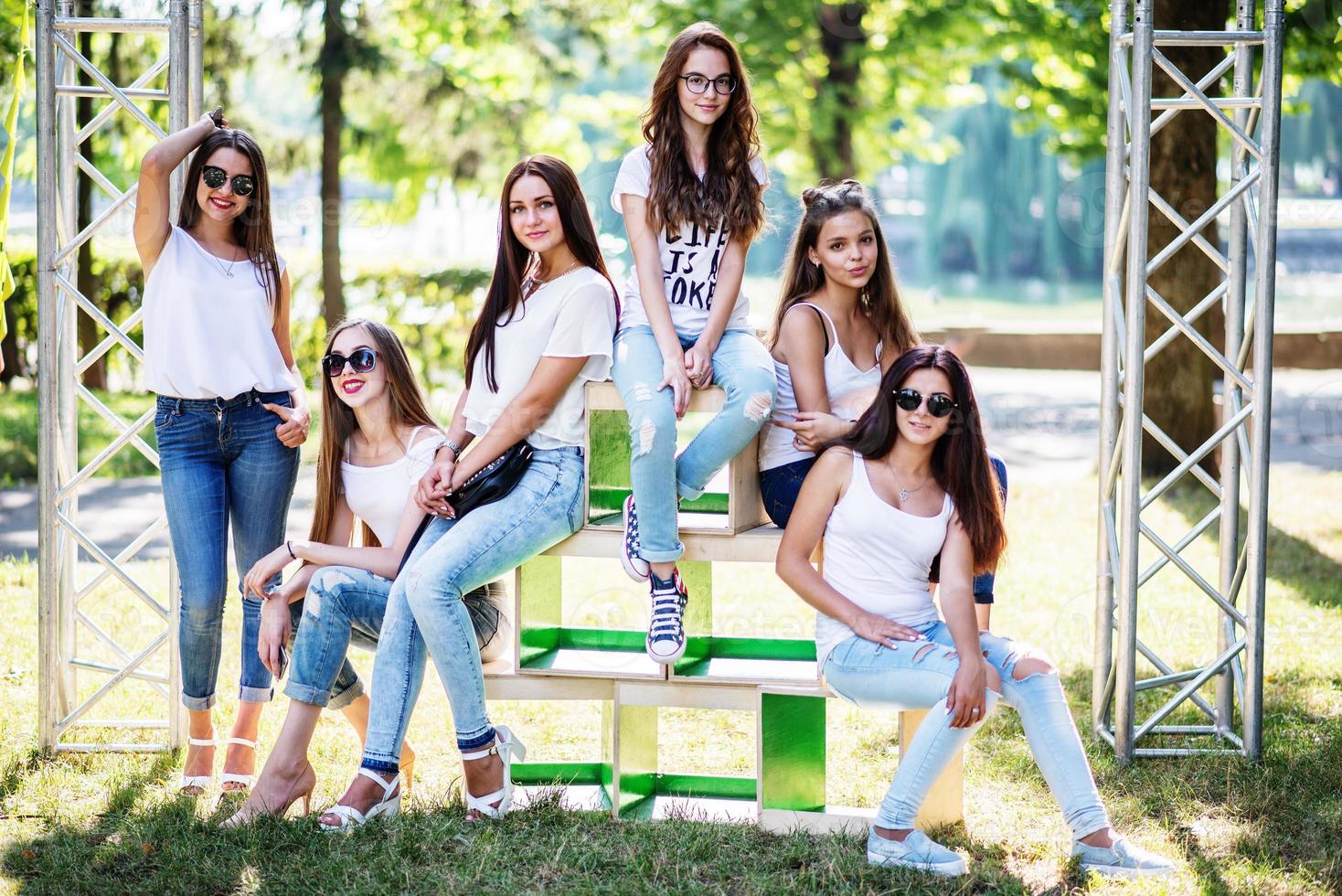 seis meninas modelo maravilhosas posando em caixas de madeira no parque em um dia ensolarado. foto