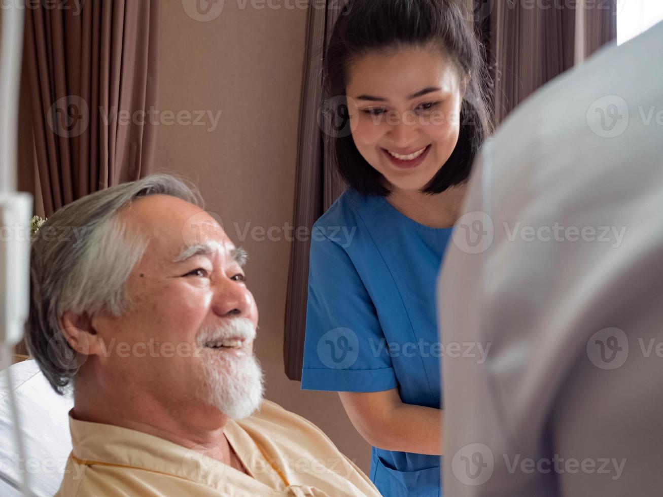 clínica hospitalar ou paciente de laboratório na cama tratamento de sorriso feliz masculino asiático do médico cientista e enfermeira covid-19 doença do vírus corona cuidados de saúde suporte médico ajuda seguro foto