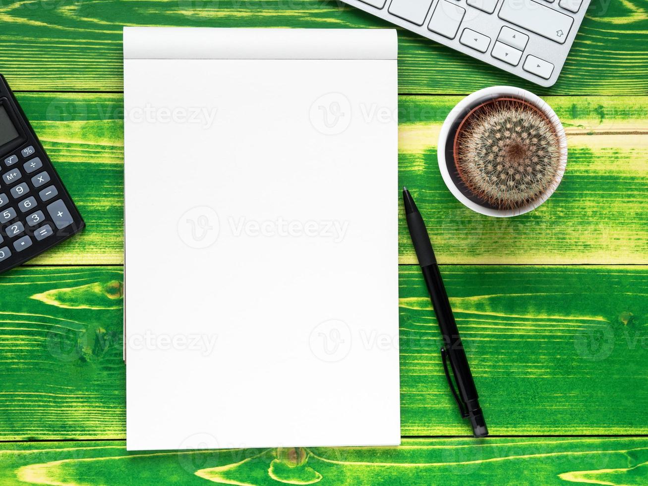 caderno aberto com página em branco, caneta, calculadora, teclado de computador, cacto foto